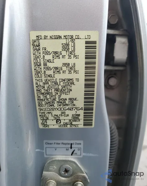 2003 Nissan Xterra Xe z USA, uszkodzony, nr VIN 5N1ED28YX3C640764